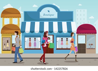 A Vector Illustration Of Stylist People Shopping In An Outdoor Mall With French Boutique Style