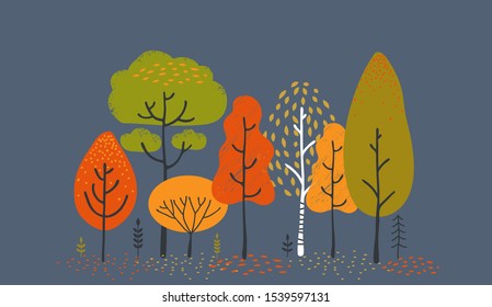 Vector illustration of stylistic trees. Trees forest simple plant silhouette icon. Hand drawn isolated illustrations