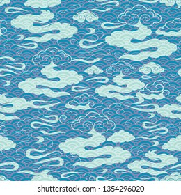 Vector Illustration of stylized, abstract blue, aqua, green, turquoise clouds resembling dragon tails and asian waves. Ideal for fabric, wallpaper and home decor.
