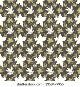 Vector Illustration of stylized, abstract botanical garden with irises and orchids in white, cream, yellow and olive. For fabric, fashion design, accessories, gifts