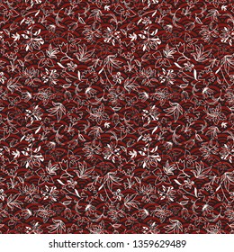 Vector Illustration of stylized, abstract botanical garden with irises and orchids layered with oriental waves background in white, burgundy and black. For fabric, fashion design, accessories, gifts