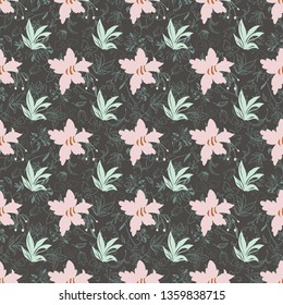 Vector Illustration of stylized, abstract botanical garden with irises and daffodils in pink, moss green, grey and lilac. For fabric, fashion design, accessories, gifts