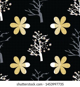 Vector Illustration of stylized, abstract cherry blossom trees in black, yellow, mustard, pink and white. Ideal for fabric and home decor.
