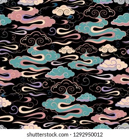 Vector Illustration of stylized, abstract, coral, beige, turquoise clouds resembling dragon tails at beautiful lunar twilight.  Ideal for fabric