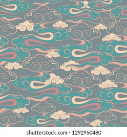 Vector Illustration of stylized, abstract, coral, beige, turquoise clouds resembling dragon tails at beautiful lunar twilight.  Ideal for fabric