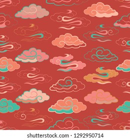 Vector Illustration of stylized, abstract, coral, bright colourful,  turquoise clouds resembling dragon tails at beautiful lunar twilight.