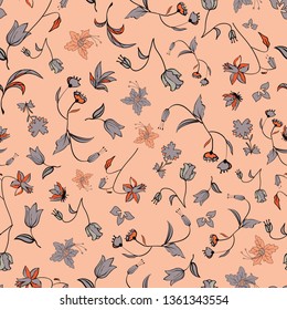 Vector illustration of stylized abstract florals in shades of orange, coral, smoky blue, peach and moss green. This stylish seamless repeat pattern is perfect for gift, cards, wallpaper, scrapbooking,