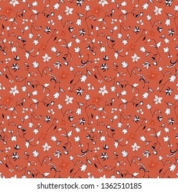 Vector illustration of stylized abstract florals in shades of orange, red, white and black. This stylish seamless repeat pattern is perfect for gift, cards, wallpaper, scrapbooking, fabric, interior,