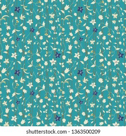 Vector illustration of stylized abstract florals and linked oval chains in shades of blue, green, cream and olive. This stylish seamless repeat pattern is perfect for gift, cards, wallpaper,