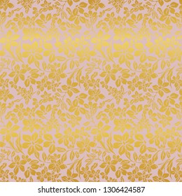 Vector Illustration of stylized, abstract, golden botanical garden with floating scattered allover flowers. For fabric, wallpaper, background, fashion design, accessories, gifts.