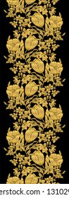 Vector illustration of stylized abstract golden metallic poppies and tulips with floating lilies and leaves on black background. Seamless repeat pattern for elegant vertical and horizontal border.