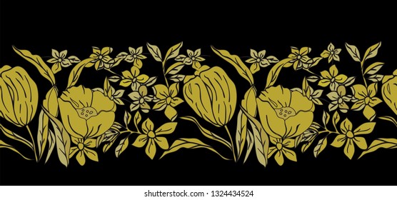 Vector illustration of stylized abstract golden yellow poppies and tulips with floating lilies and leaves on black background.  Perfect for gift, cards, wallpaper, scrapbooking, fabric and interior.