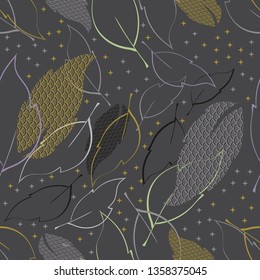 Vector Illustration of stylized, abstract leaves in sage, olive, green, lilac and cream. For fabric, fashion design, accessories, gifts