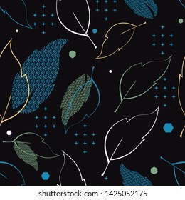 Vector Illustration of stylized, abstract leaves in sage, olive, green, blue and black. For fabric, fashion design, accessories, gifts