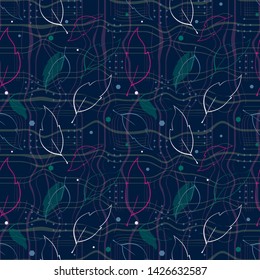 Vector Illustration of stylized, abstract leaves, stars, hexagons and warped stripes in pink, indigo, aqua, green and cream. For fabric, fashion design, accessories, gifts