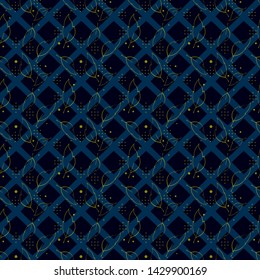 Vector Illustration of stylized, abstract leaves, stars, hexagons and criss-crossed lattice in navy, black and yellow. For fabric, fashion design, accessories, gifts