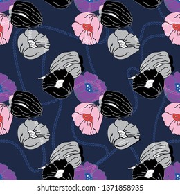 Vector illustration of stylized abstract lilac, purple and pink poppies and tulips. Seamless repeat pattern, tiled artwork. Perfect for gift, wallpaper, scrapbooking