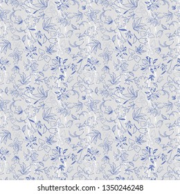 Vector Illustration of stylized, abstract, mystical botanical garden with floating scattered allover flowers and subtle stripes. For fabric, fashion design, accessories, gifts