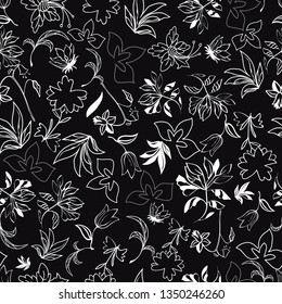 Vector Illustration of stylized, abstract, mystical botanical garden with floating scattered allover flowers and leaves. For fabric, fashion design, accessories, gifts