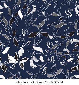 Vector Illustration of stylized, abstract, mystical botanical garden with floating scattered flowers. For fabric, fashion design, accessories, gifts