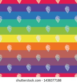 Vector Illustration of stylized, abstract raindrops on rainbow background in red, orange, yellow, blue, green, purple, cream and lilac. Seamless pattern for fabric, fashion design, accessories, gifts