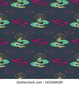 Vector Illustration of stylized, abstract, tan, beige, cream clouds resembling dragon tails at beautiful lunar twilight. Ideal for fabric