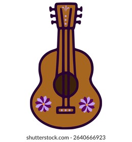 Vector illustration of a stylized acoustic guitar with purple and brown floral details, perfect for Day of the Dead or Mexican folk art designs.
