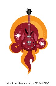 Vector illustration of an stylized  acustic guitar on the fire red background.