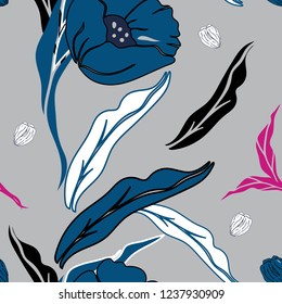 Vector illustration of stylized airy, abstract blue poppies with floating multicoloured blue, black, white  leaves, repeat pattern, seamless, tiled artwork. Perfect for gift, scrapbooking, fabric