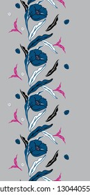 Vector illustration of stylized airy, abstract blue poppies with floating multicoloured blue, black, white leaves, vertical repeat pattern, seamless, tiled artwork. Perfect for gift, scrapbooking,