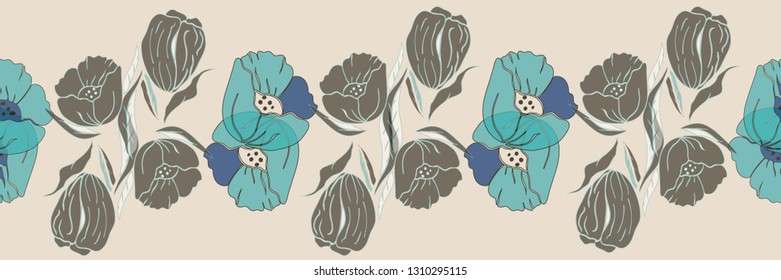 Vector illustration of stylized airy, abstract olive green, white, aqua, blue poppies and tulips with floating white, brown leaves on light background. Warm, springtime design for horizontal borders.
