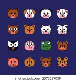 Vector illustration of stylized animal faces, a bear, cow, dog, pig, sheep, rabbit, cat, elephant, owl, frog, monkey, chicken and tiger