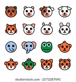 Vector illustration of stylized animal faces, a bear, cow, dog, pig, sheep, rabbit, cat, elephant, owl, frog, monkey, chicken and tiger