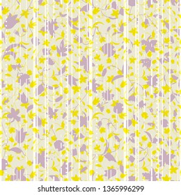 Vector illustration of stylized asphalt roads and higways layered with abstract florals in shades of yellow and lilac. Stylish seamless repeat pattern for gift, cards, wallpaper, scrapbooking, fabric,