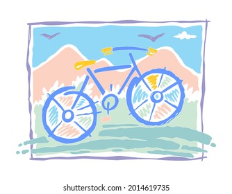 Vector illustration of stylized bicycle with mountain in the background. Art in an abstract style, with colorful and irregular strokes.