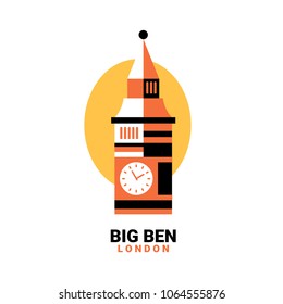 Vector illustration of stylized Big Ben, icon, sign. With text. Black and orange colors