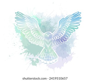 Vector illustration of a stylized bird with blue watercolor splatters on a white background. Painting of the silhouette of owl with dye sprays. Clipart for stickers, sublimation and your design