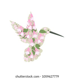 Vector illustration of a stylized bird calibri in flowers of fuchsia on a white isolated background. Template for the design of the album, shop, poster, clothes.