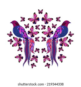 Vector illustration with stylized birds and butterflies. Colorful exotic bird of happiness surrounded by a cloud of butterflies. Use for wallpaper,for pillows, interior design, web page background.