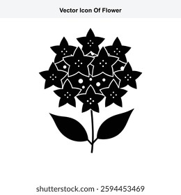 Vector illustration of a stylized black flower with multiple starshaped petals and leaves