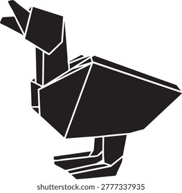 Vector illustration of a stylized black origami duck, featuring sharp geometric folds and white outlines against a clean white background.
