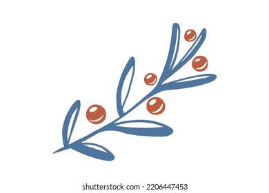 Vector illustration of a stylized blue branch with red berries isolated on a white background. An element for invitations, winter cards and decor