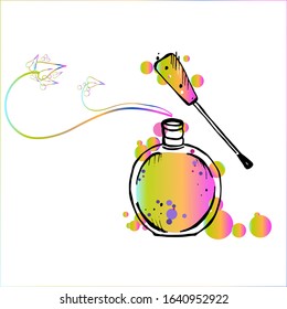 Vector illustration. Stylized bottle with nail polish. A cover with a brush, a twig with leaves. Multi-colored varnish with splashes.