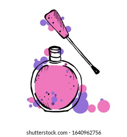 Vector illustration. Stylized bottle with nail polish. Cover with a brush. Illustration in pink and purple colors.