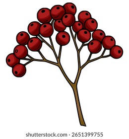 A vector illustration of a stylized branch with clusters of deep red berries, showcasing a hand-drawn, cartoonish style perfect for autumnal designs and seasonal greetings.