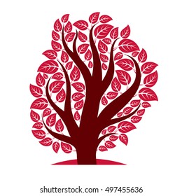 Vector illustration of stylized branchy tree isolated on white background. Ecology conservation theme image. 