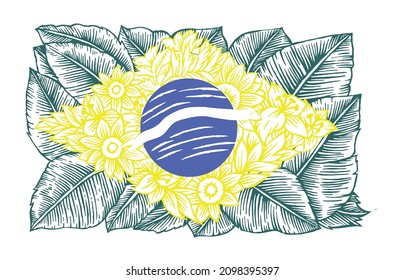 Vector illustration of stylized brazil flag formed by flowers and leaves. Art in simple strokes.