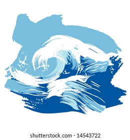 Vector illustration of a stylized brushed ocean wave splashing. Design element.