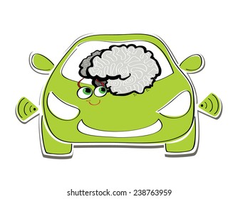 Vector illustration of stylized car with radars and a smart brain with big eyes, front view
