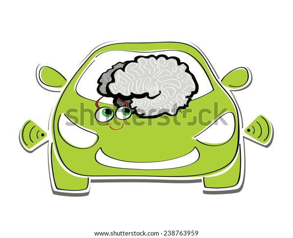 Vector illustration of stylized car with\
radars and a smart brain with big eyes, front\
view